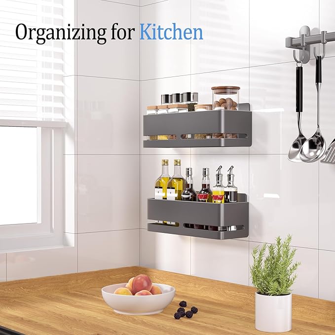 Shower Caddy 2-Pack Shower Shelf, Heavy-Duty Bathroom Storage Shelf | Large Capacity No-Drill Bathroom Organizer, Gray Aluminum Storage Basket, Adhesive Installation - Image 6