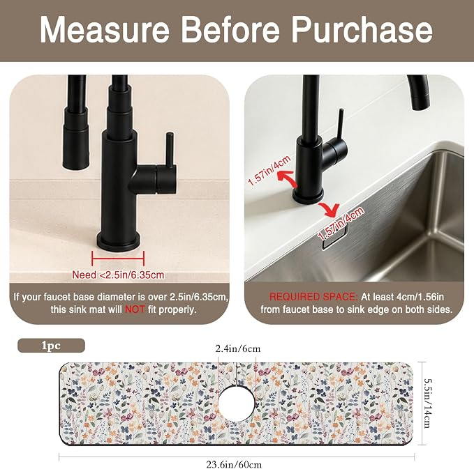 Kitchen Faucet Mat Watercolor Multicolor Botanical Plants Sink Splash Guard Behind Faucet Draining Mat Kitchen Accessories Non-slip Easy to Clean for Bathroom & Kitchen 24"X5.5" - Image 2