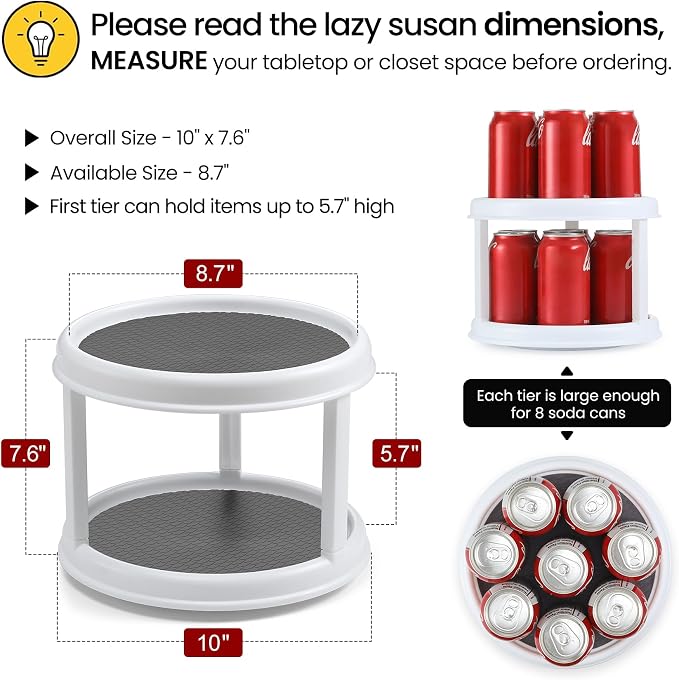 2 Pack, 2 Tier 10" Turntable Lazy Susan Spice Organizer - Rotating Seasoning Rack Spinner for Pantry Cabinet Kitchen Countertop, Table Top Organizing - Multiuse Two Tier Rotating Organization Rack - Image 2