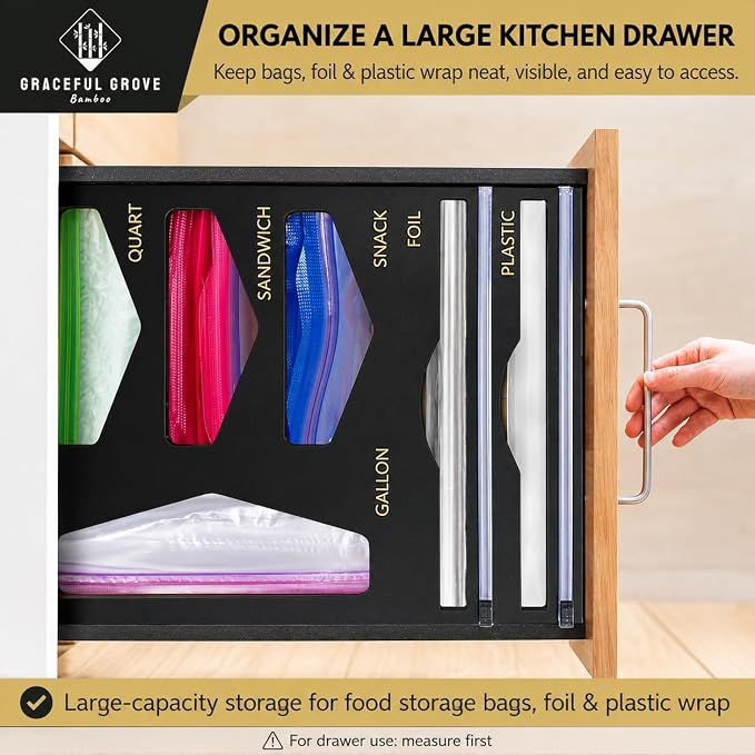6-in-1 Bamboo Food Storage Bag Organizer for Drawer – Bag Organizer with Foil & Plastic Wrap Dispenser, Built-In Cutter, Holds Gallon Quart Sandwich Snack Bags, Black - Image 4