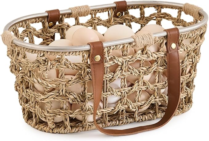 Farmhouse Seagrass Egg Baskets for Collecting Fresh Eggs Handmade Egg Collecting Basket Wicker Oval Storage Basket for Picnic, Harvest, Vegetable by LGENHOOMHandwovenNaturalWaterHyacinthBasket
