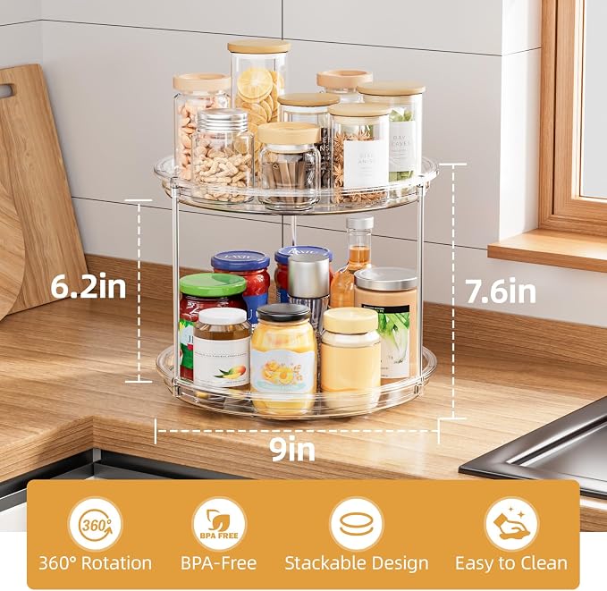 LAMU 2 Tier Lazy Susan Turntable Organizer for Cabinet, 9'' Rotating Spice Rack for Kitchen, Pantry, Countertop, Bathroom, Vanity, Under Sink, Medicine Cabinet Organizer, 2 Pack - Image 2