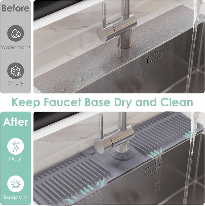 24-Inch Silicone Faucet Mat for Kitchen Sink Splash Guard, 7° Slope | 24"x5.5" water draining mat with fasten button; 1.6-2.75" customizable hole for bathroom, RV & kitchen sink drip catcher. - Image 3