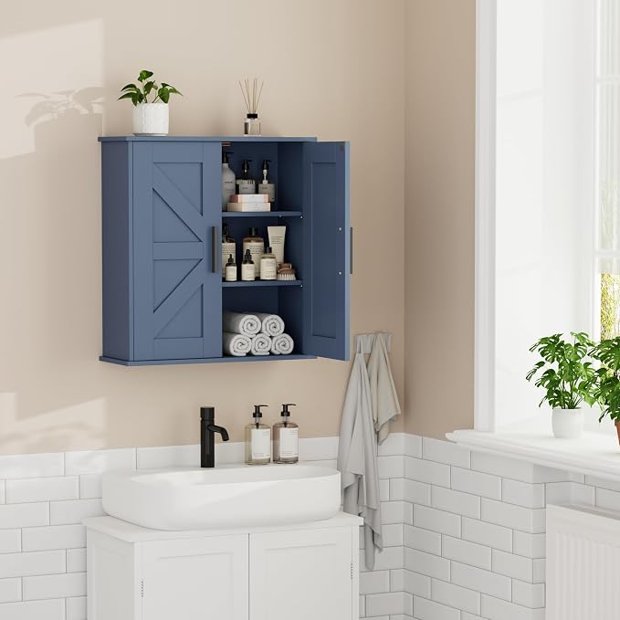 Homleke Bathroom Wall Cabinet, Medicine Cabinet with Adjustable Shelves | 3-Tier Wall Mounted Over Toilet Storage with Barn Doors, for Bathroom, Kitchen, Entryway, Laundry Room, Blue, (7.9" D) - Image 9