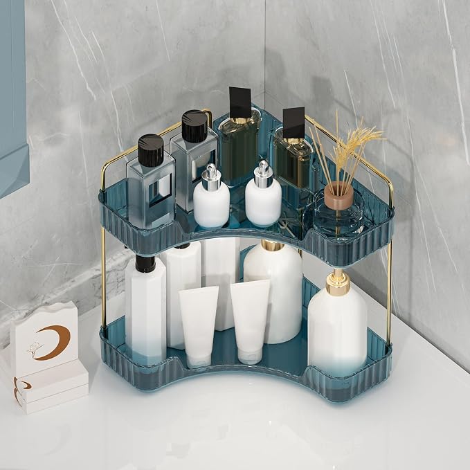 Corner Bathroom Counter Organizer Bathroom Countertop Shelf Makeup Organizer for Vanity Perfume Tray for Corner Storage (2 Tiers, Blue) - Image 4