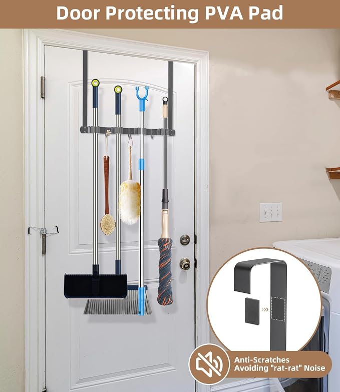 Broom Holder Over The Door with Hooks -304 Stainless Steel (Space grey) | Save Space, Anti-Rust & Sturdy, Mop and Broom Holder Wall Mounted or Hanging Over The Door, for Garage Laundry Kitchen - Image 3