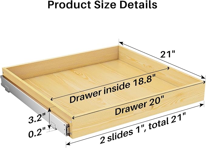 Pull Out Cabinet Organizer, Soft Close Wooden Slide Out Drawers for Pots and Pans, Full-extension Roll Out Shelves for Kitchen Cabinets, Pantry Organization, Bottom & Side Mount(21"W X 21"D x 3.4''H) - Image 2