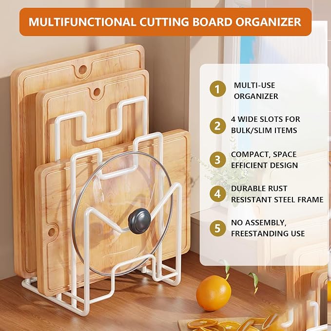 Multifunctional Cutting Board Organizer, Cutting Board Holder Rack Baking Cookie Pan Sheets Cooling Racks Storage Stand for Kitchen Cabinet -Divided Holder with 4 Slots (2PS Black) (2White) - Image 2