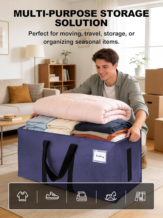 HOMESURE Supports 200lbs Heavy Duty Moving Bags - Strong Zipper & Wrap-Around Handles - Water-Resistant Storage Totes, Durable Alternative to Moving Boxes - 4 Pack - Blue - Image 4