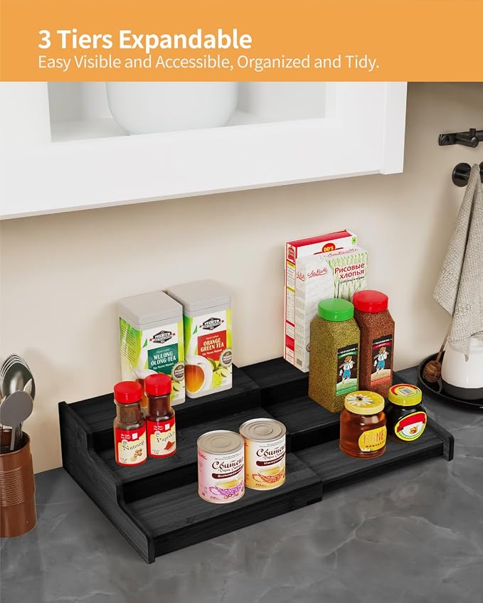 Spice Rack 3-Tier Natural Bamboo, Adjustable Cabinet Organizer Shelf | Expands 8.7-15.6"cabinets. Stepped design, labels visible.Storage organizer saves space, easy wipe. For spices, jars,cans. - Image 3
