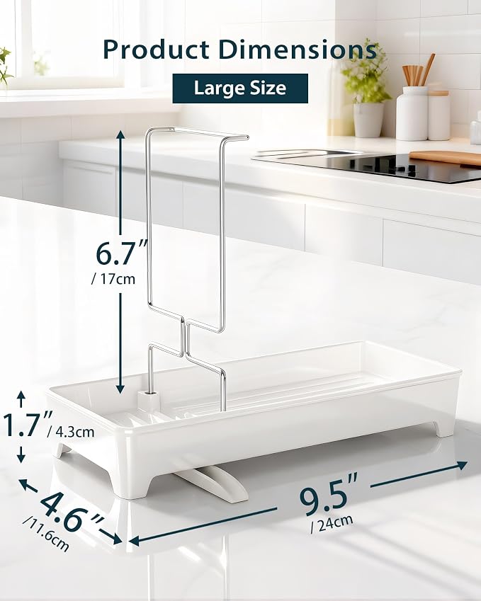 Minimalist Sink Caddy, Rustproof Sponge Holder for Kitchen Sink White | Large Rustproof countertop organizer with 304 stainless steel brush holder, raised ridges and silicone drain tube - Image 3