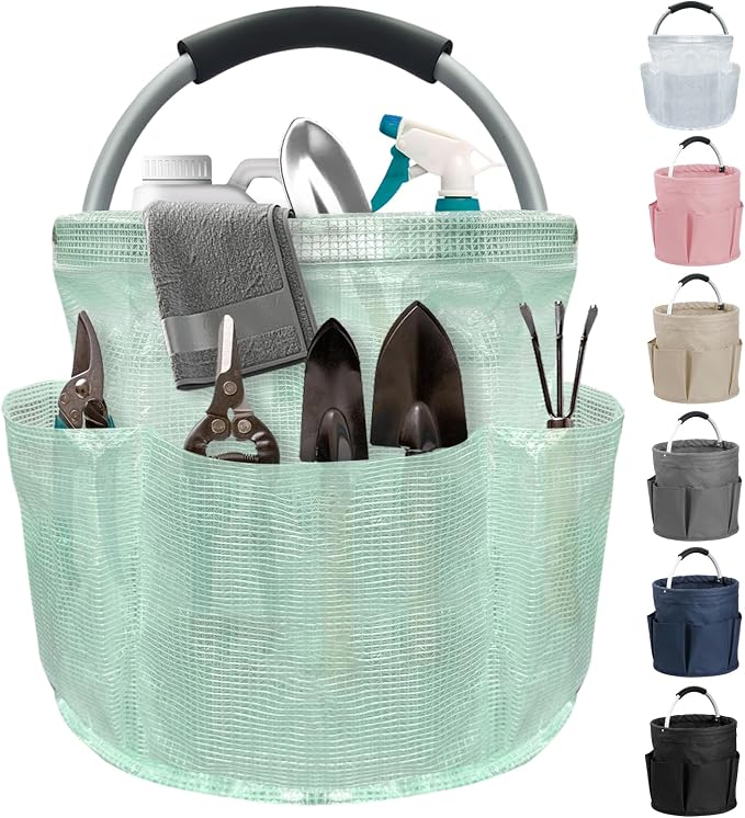 17L Cleaning Caddy for Cleaning Supplies, Foldable Tool Bucket Organizer with 6 Side Pockets, Portable Garden Tool Bag in PVC Resin, Folding Storage Basket for Camping, Gardening, Green by IHOMAGIC