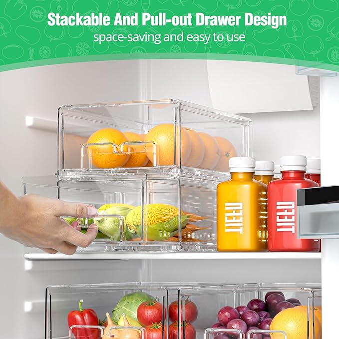 damynuo 2 Pack Refrigerator Drawers - Fridge Organizer Bins Stackable Storage Drawers, Clear Refrigerator Organizing Containers Pull Out Drawer for Fruit, Vegetable Storage and Keep Fresh - Image 3
