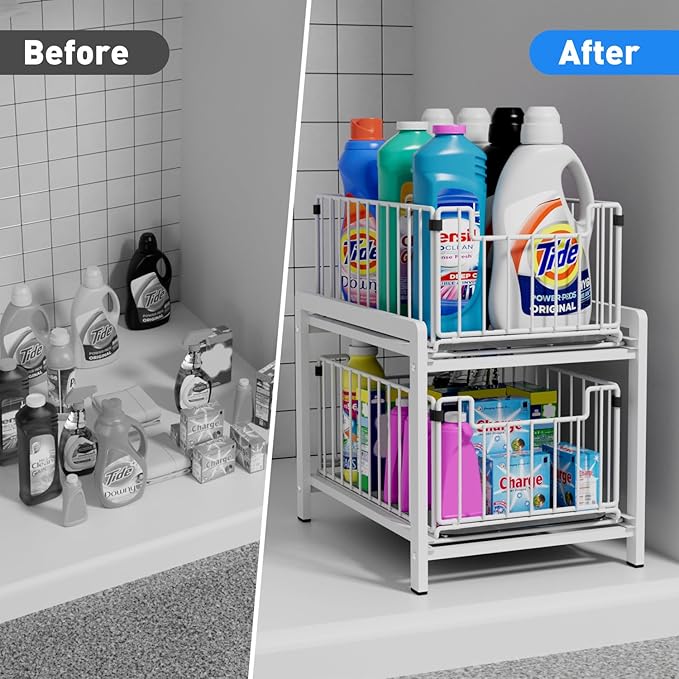 2-Tier Pull Out Cabinet Organizer, Slide Out Under Sink Organizer | Metal Cabinet Baskets with Mesh Sliding Drawer for Home, Office, Bathroom, Kitchen, Pantry Storage Shelf, Large White - Image 5