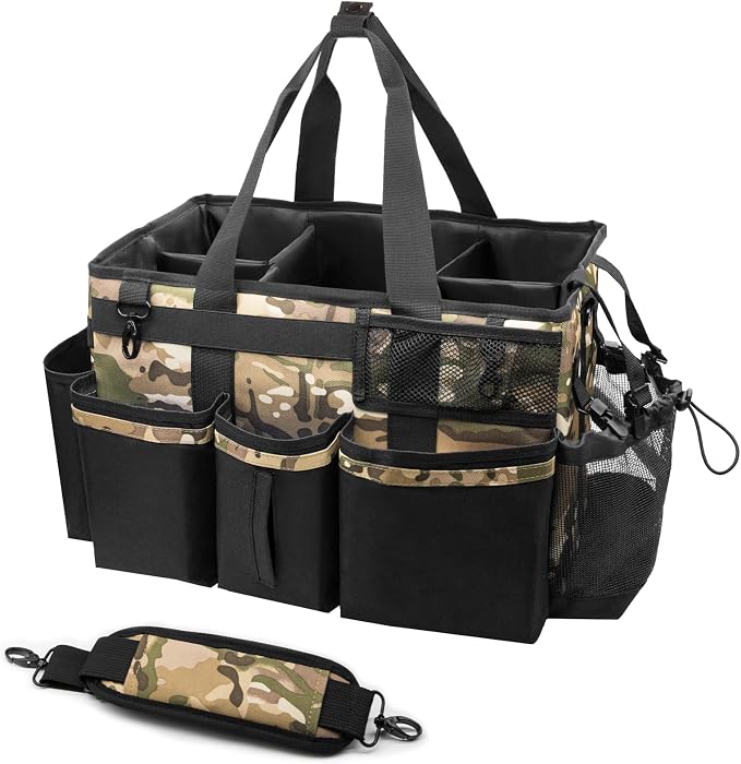 SCAVATA Wearable Cleaning Caddy Organizer with Handle & Shoulder Straps for Housekeepers, Under Sink & Car Cleaning Tool Organizer Bag with 4 Foldable Dividers (Camouflage) by Tidyyourlife