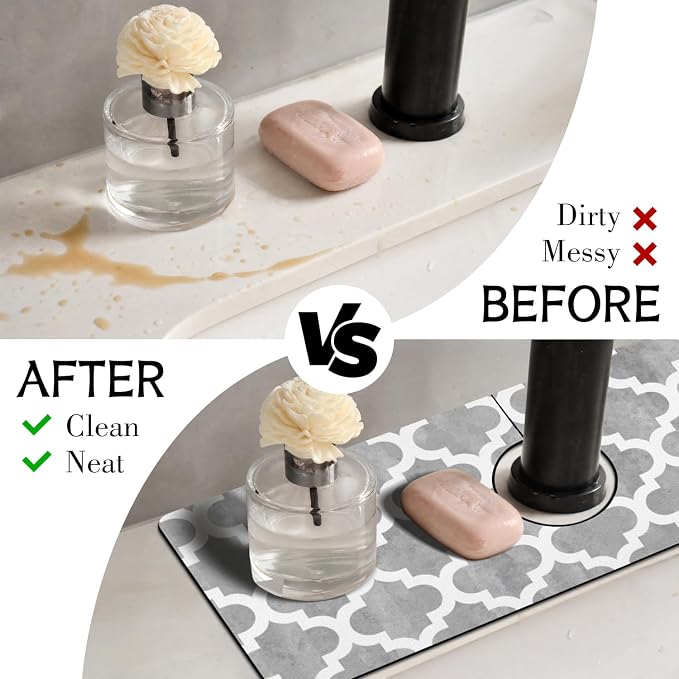 Modern Moroccan Grey Stripe Kitchen Sink Splash Guard Faucet Mat,Faucet Non-Slip Absorbent Mat,Farmhouse Sink Splash Guard Behind Faucet for Kitchen Bathroom, 15"x5.5" - Image 3
