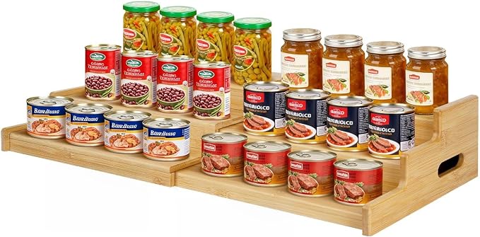 3-Tier Expandable Bamboo Can Organizer Storage Holder for Kitchen Pantry | Stackable Can Organizer for Pantry, Adjustable Soda & Food Can Organizers, Can Up To 24 Cans by Aclema