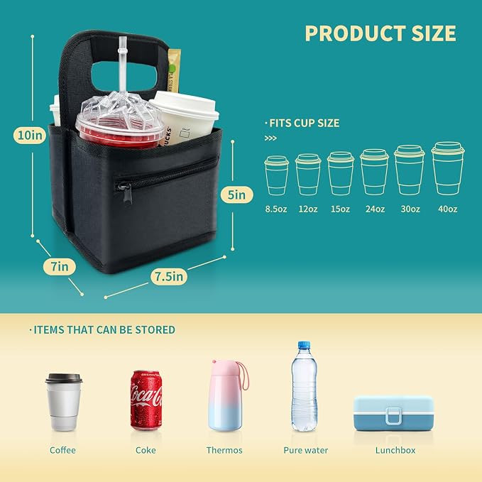 Reusable Coffee Cup or Cans Carrier, Take Out Cup Holder, Handle Tote Bag Drink Holder with 2 Organizer Pockets for Hot & Cold Beverages, for Delivery and Take Out (Neoprene Black) - Image 2
