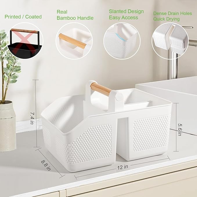 Plastic Shower Caddy Portable Shower Basket with Bamboo Handle, White | Cleaning Caddy Organizer Storage Tote for Bathroom, College Dorm Essentials, Bath Toy Storage - Image 5
