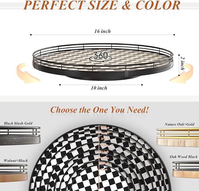AMH 16-Inch Black and White Checkerboard Lazy Susan Decorative Tray | Smooth rotating oak tray with walnut finish for dining tables, kitchen counters, pantries and cabinet storage. - Image 6