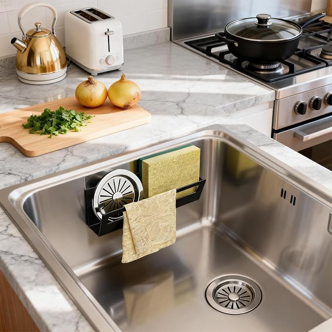 Epicano Sponge Holder for Kitchen Sink with Suction Cups & Adhesive Hook, Rustproof In-sink Sponge Holder, Space-saving Wall Hanging Sink Caddy Organizer Rack - Sponge, Dish Cloth, Brush- 2 Pack - Image 2