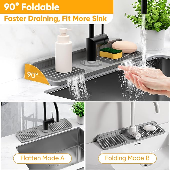 17.7'' Faucet Mat for Kitchen Sink Splash Guard[7° Slope Fast Self-draining][Snap Lock Fit] Folding Kitchen Sink Faucet Mat Splash Guard Kitchen Sink Area Water Splash Guard Behind Faucet Draining Mat - Image 6
