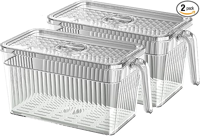 2 Pack Clear Refrigerator Organizers and Storage, Plastic Fridge Organizer Bins with Handle and Removable Drain Tray, Multi-Use Organizer Bins for Kitchen, Cabinets, Fridge, Drinks, Vegetable by Halyuhn