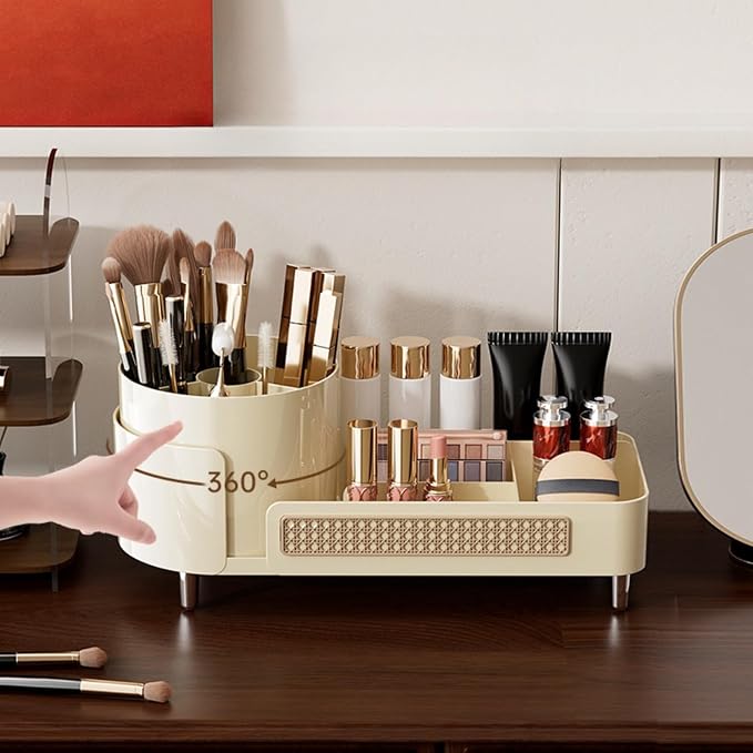 Booklov Rotating Makeup Organizer for Vanity Countertop, Cream | Plastic Cosmetic Display Case, Large Beauty Brush Holder for Bathroom Counter, Skin Care Perfumes Storage - Image 3