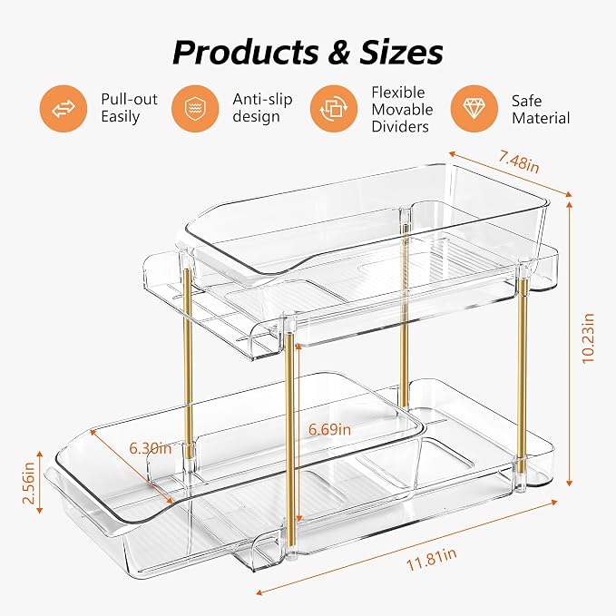LAREKUN2pack 2-Tier Organizer & Storage Unit Stackable Bathroom Cabinet Organizer Pull-Out Kitchen Pantry Organizer & Storage System Suitable for Countertops, Pantries, Kitchens, Bathrooms - Image 3