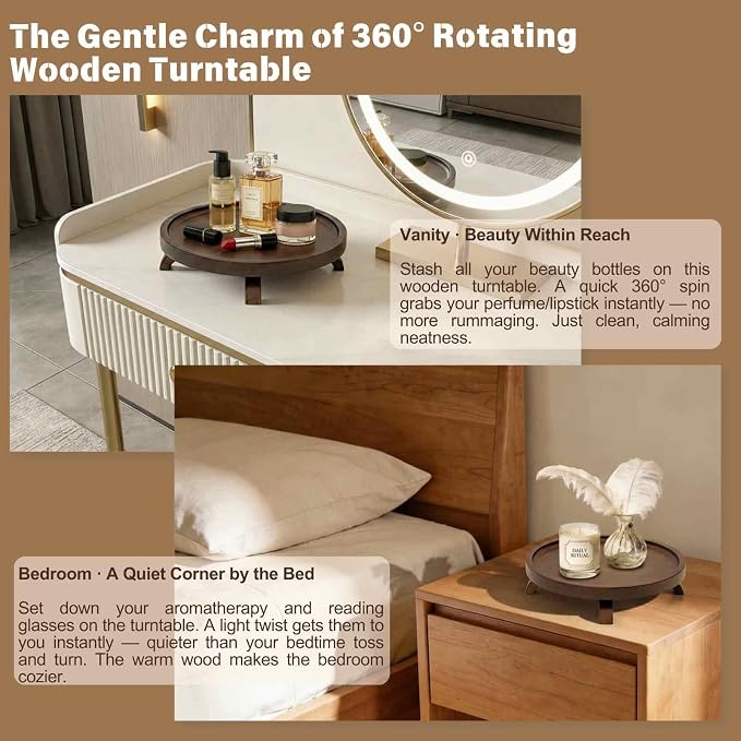 10" Solid Wood Lazy Susan Turntable Organizer for Cabinet, Pantry, Kitchen Countertop - Farmhouse Style with Raised Feet & Water-Resistant Coating, Rustic Bathroom Vanity Tray and Dining Table Decor - Image 6