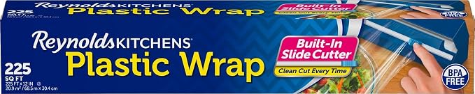 Reynolds Kitchens Clear Plastic Wrap, Built-In Slide Cutter, 225sq ft | Plastic Cling Wrap for Food Storage, Seals in Freshness, Clean Cut Every Time, Ideal For Leftovers, BPA-Free, 12 in x 225 ft by ReynoldsConsumerProducts