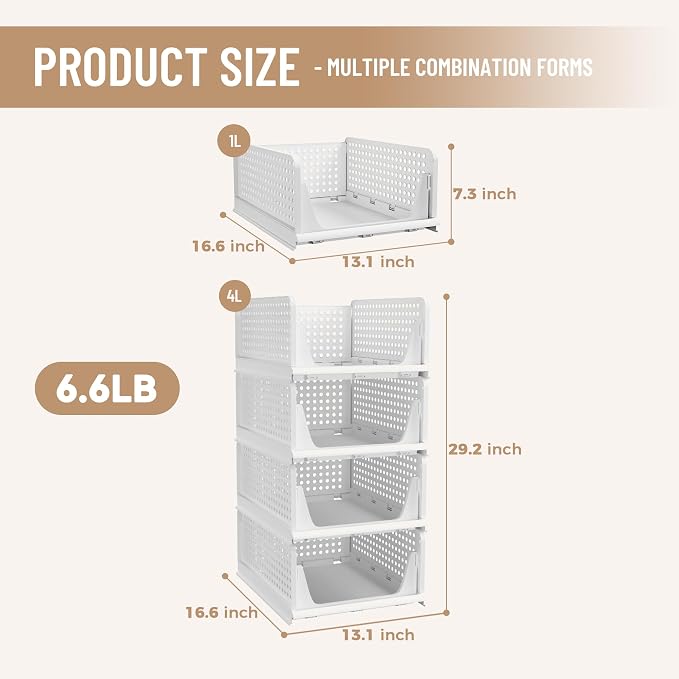 Stackable Plastic Storage Basket, Foldable Closet Organizers, Drawer Shelf Storage Container/Bins for Wardrobe Kitchen Bathroom Office Dorm, White, 4 Packs - Image 3