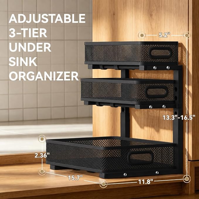 1 Pack 3 Tier Under Sink Organizer, Height Adjustable Heavy Duty Metal Under Cabinet Drawer Pull Out Shelf with Smooth Silent Sliding Design, Organizer and Storag Rack for Kitchen, Bathroom, Black - Image 2