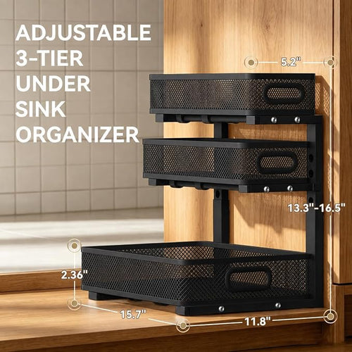 1 Pack 3 Tier Under Sink Organizer, Height Adjustable Heavy Duty Metal Under Cabinet Drawer Pull Out Shelf with Smooth Silent Sliding Design, Organizer and Storag Rack for Kitchen, Bathroom, Black - Image 2