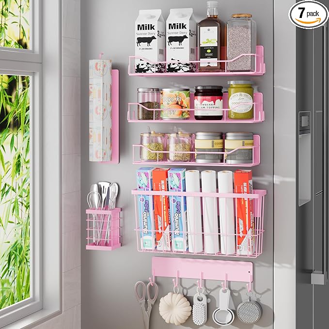 Magnetic Spice Rack for Refrigerator, 7 Pack Magnetic Fridge Shelf for Kitchen Organization Storage, Moveable Spice Organizer W/Paper Towel Holder, Utensil Caddy, Cutting Board Rack (Pink) by IYEBAU