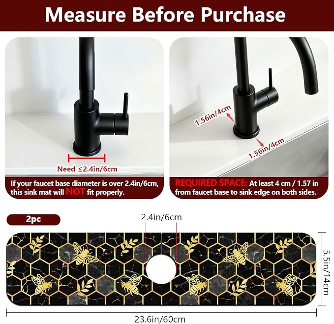 2 Pcs Marble Honeycomb Kitchen Sink Splash Guard Faucet Mat | Gold-edged Faucet Mat for Sinks Bee Pattern Absorbing Drying Mat for Kitchen Bathroom, 23.6x5.5inch - Image 2