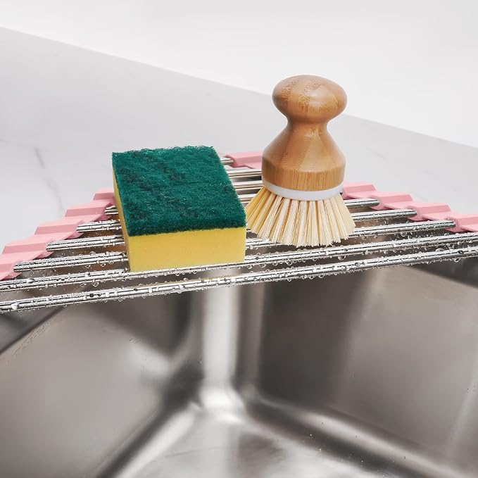 Tomorotec Triangle Foldable Dish Drying Rack, Small Roll-Up Stainless Steel Over Sink Drainer for Kitchen Sink Corner, Rustproof Multipurpose Organizer(Pink) | BPA-Free Food-Grade Silicone Edges Foldable Waterproof Rustproof Heavy-Duty Space Saver Heat... - Image 3