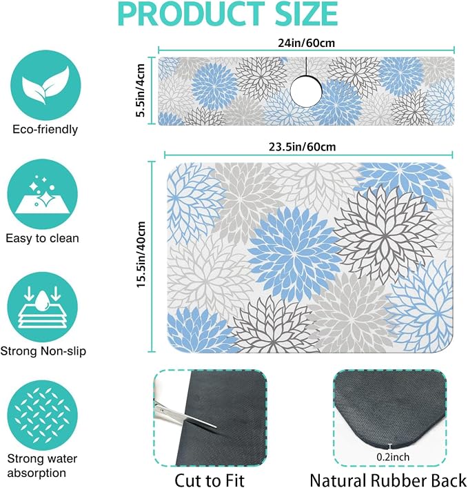 Dish Drying Mat for Kitchen Counter Matt, 2PCS 23"x15" Dish Drainer Mat & 24"x5.5" Sink Splash Guard, Super Absorbent Non-slip Rubber Backed - Image 2