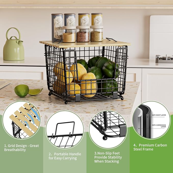 2 Pack Stackable Potato Onion Bins, Pantry Organizers and Storage | Wire Basket with Breathable Design for Garlic Fruits Vegetables Storage, Kitchen Counter Organizer - Image 5