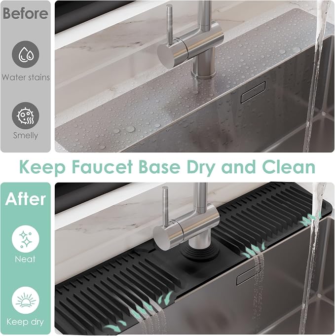 24-Inch Silicone Faucet Mat for Kitchen Sink Splash Guard, 7° Slope | 24"x5.5" water draining mat with fasten button; 1.6-2.75" customizable hole for bathroom, RV & kitchen sink drip catcher. - Image 6
