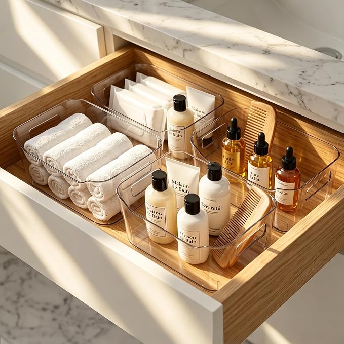 Hudgan 12 Pack Pantry Storage Bins for Kitchen Cabinet, Clear Plastic Organizer Bins for Bathroom, Pantry Organizer Containers for Home Edit, Drawer, Under Sink, Fridge - Image 6