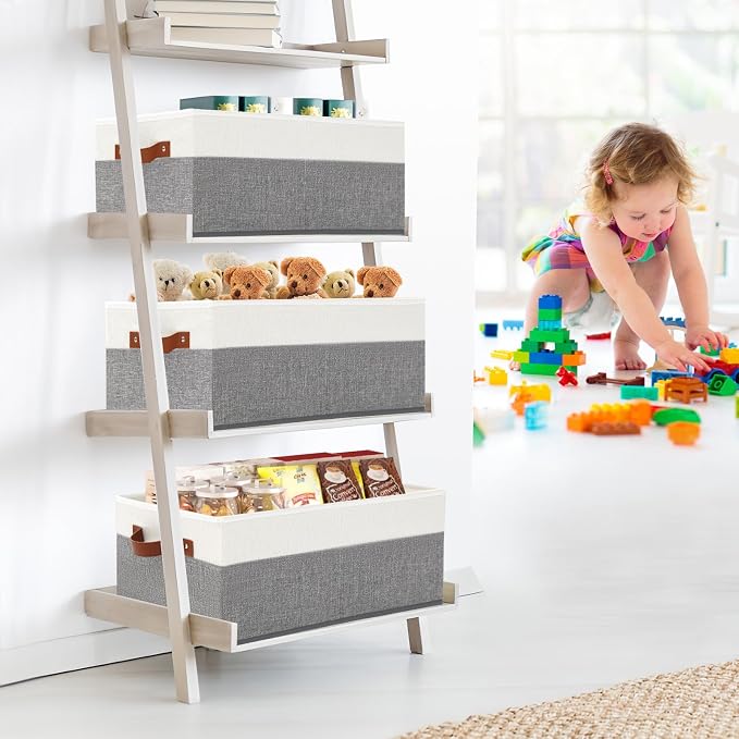 3 Pack Large Capacity Storage Bins Closet Organizer for Shelves | Fabric Closet Storage Baskets Boxes with Leather Handles for Organizing Clothes, Sheets, Jeans, Toys, Books (Grey) - Image 2
