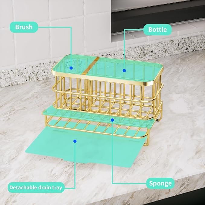 HapiRm Multifunctional Kitchen Sink Organizer with Removable Drain Tray, Quick Draining Rustproof Sink Caddy, Stainless Steel Kitchen Sponge Holder for Holds Sponge, Cleaning Towel and Scrubber - Gold - Image 6