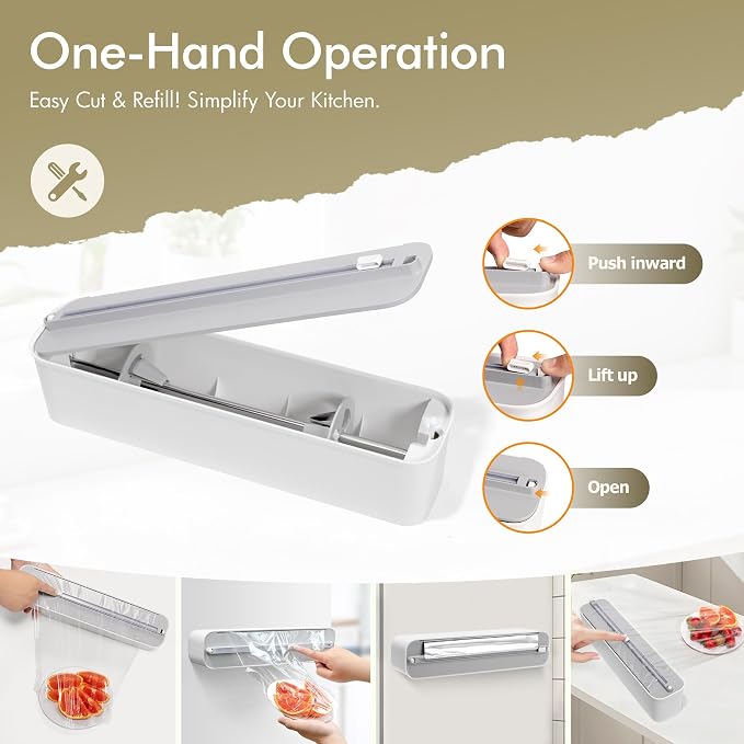Aluminum Foil & Plastic Wrap Dispenser with Cutter - Magnetic & No-Drill Wall Mount, Cling Film Dispenser for Countertops & Cabinets, Space-Saving Kitchen Organizer - Fits 300 m Rolls, White - Image 4