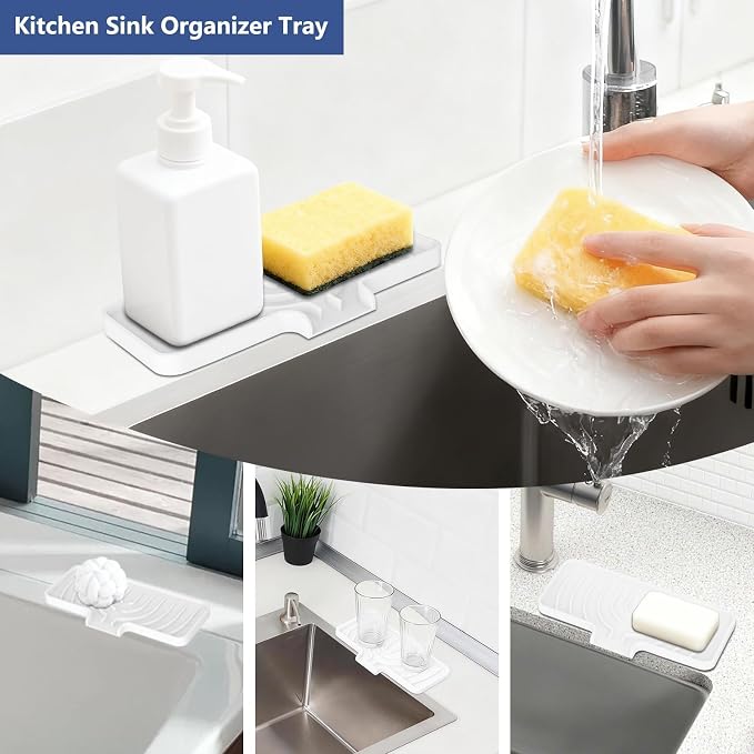 JACZZO Silicone Sponge Holder for Kitchen Sink With Drain Spout, Self Draining, Kitchen Soap Tray, Bathroom Organizer, Sink Caddy (White, 10" x 4") - Image 4
