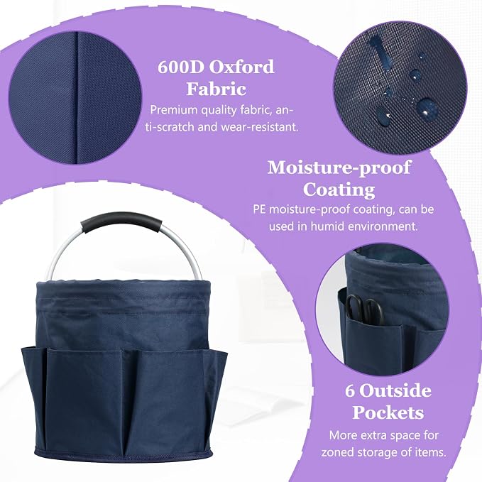 17L Cleaning Caddy with Handle, Portable Shower Caddy in 600D Oxford Fabric, Bucket Tool Organizer with 6 Side Pockets, Collapsible Storage Basket for Cleaning, Camping, Navy Blue - Image 7