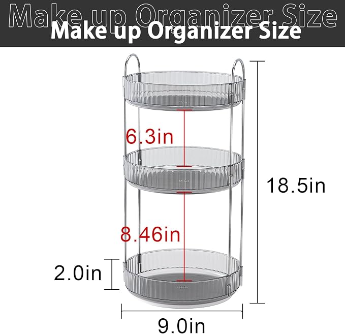 Rotating Makeup Organizer for Vanity, Large Capacity Skincare Perfume Storage, Bathroom Counter Organizer, 360 Spinning Cosmetic Dresser Countertop Organizers (Gray, 3 Tier) - Image 2