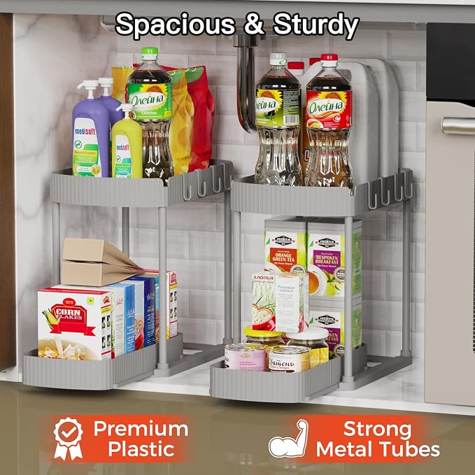 2 Packs Under Sink Pull-Out Storage Organizers, 14.8 Inches, Grey | Multi-Purpose Cabinet Organizers and Storage for Bathroom & Kitchen - Image 3