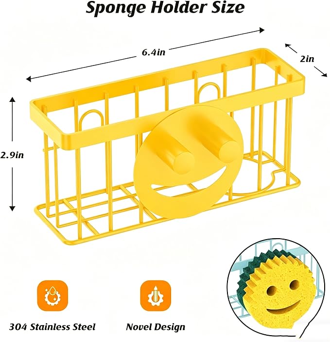 MURLONG Sponge Holder Smiley Face,Sink Caddy for Kitchen Sink,Kitchen Organizer Sponge Holder with 2 PCS Suction Cups/1 PCS Adhesive Strips,Designed for Sponge,Soap,Dish Brush,Scrubber-Yellow - Image 2