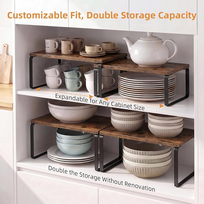 LAMU Cabinet Organizer Shelf, Set of 4 Expandable Kitchen Counter Shelve Plate Organizer for Cabiner, Stackable Spice Rack, CupBoard Organizers and Storage, Brown - Image 2